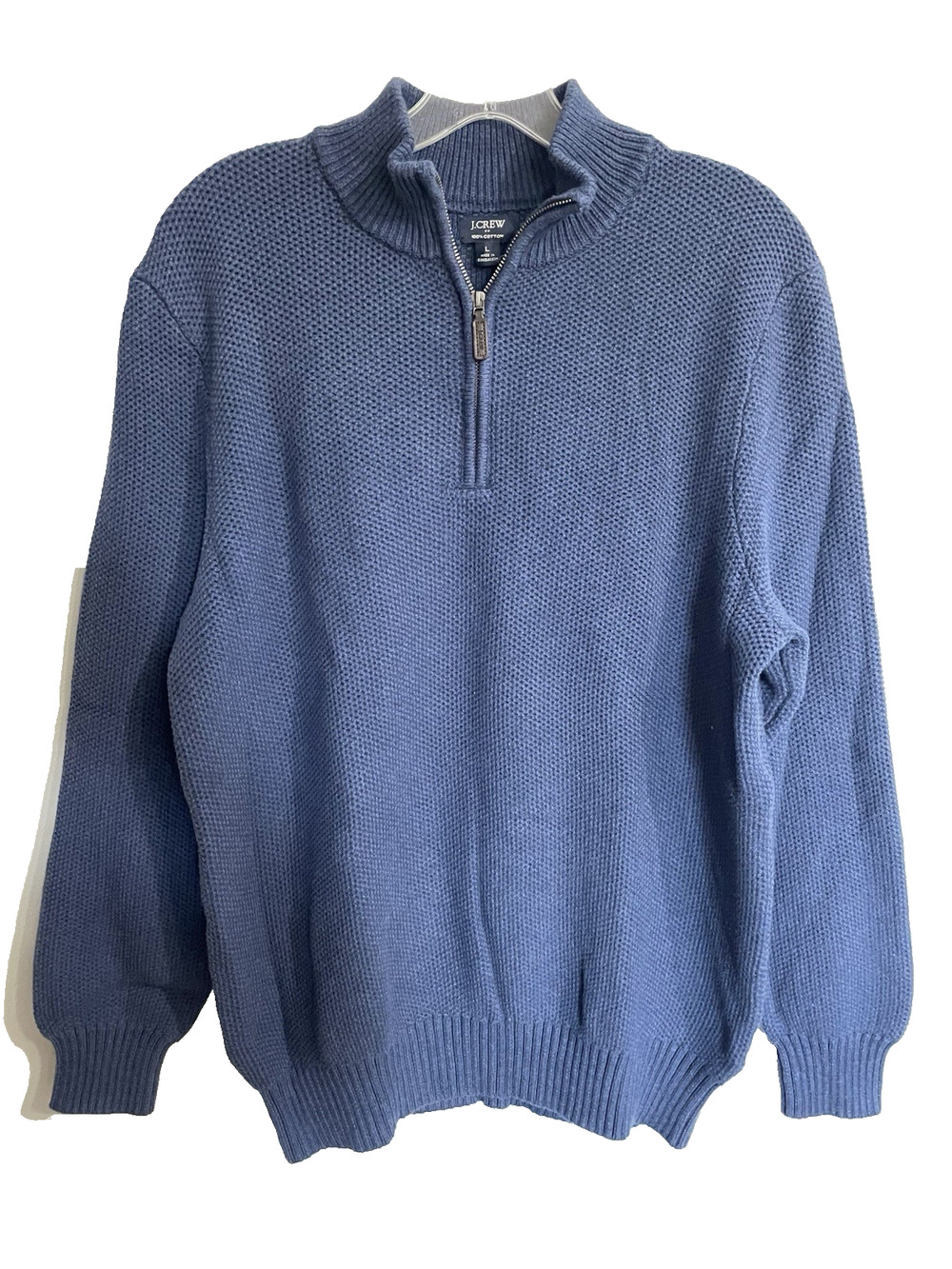 J Crew Mens Knit Sweater Sz L Large Blue 100% Cotton 1/4 Zip Pullover Preppy